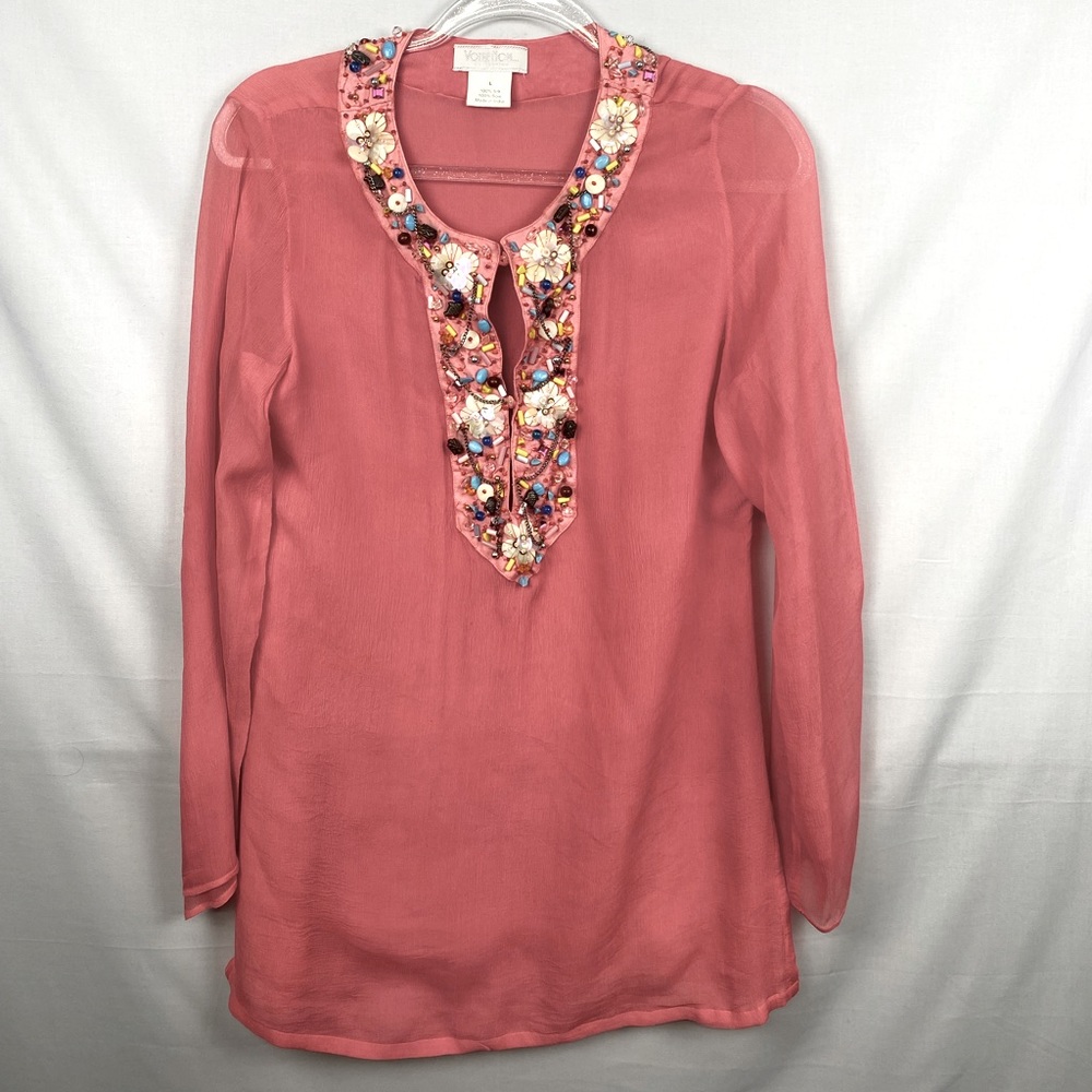 Pink Silk Shirt Large Tunic Jewel Beaded Embellished Neck Boho Dusty Rose